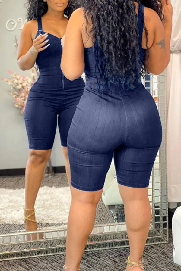 storexq Solid Color Modern Bodycon Denim Romper