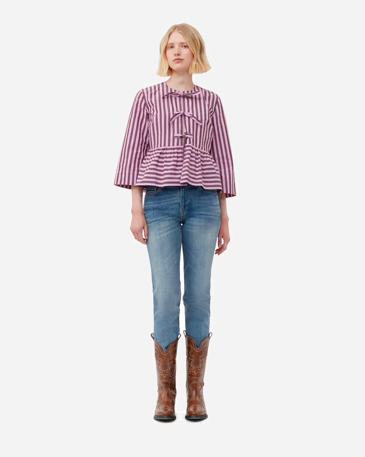 Stripe Cotton Peplum Blouse - Bonbon