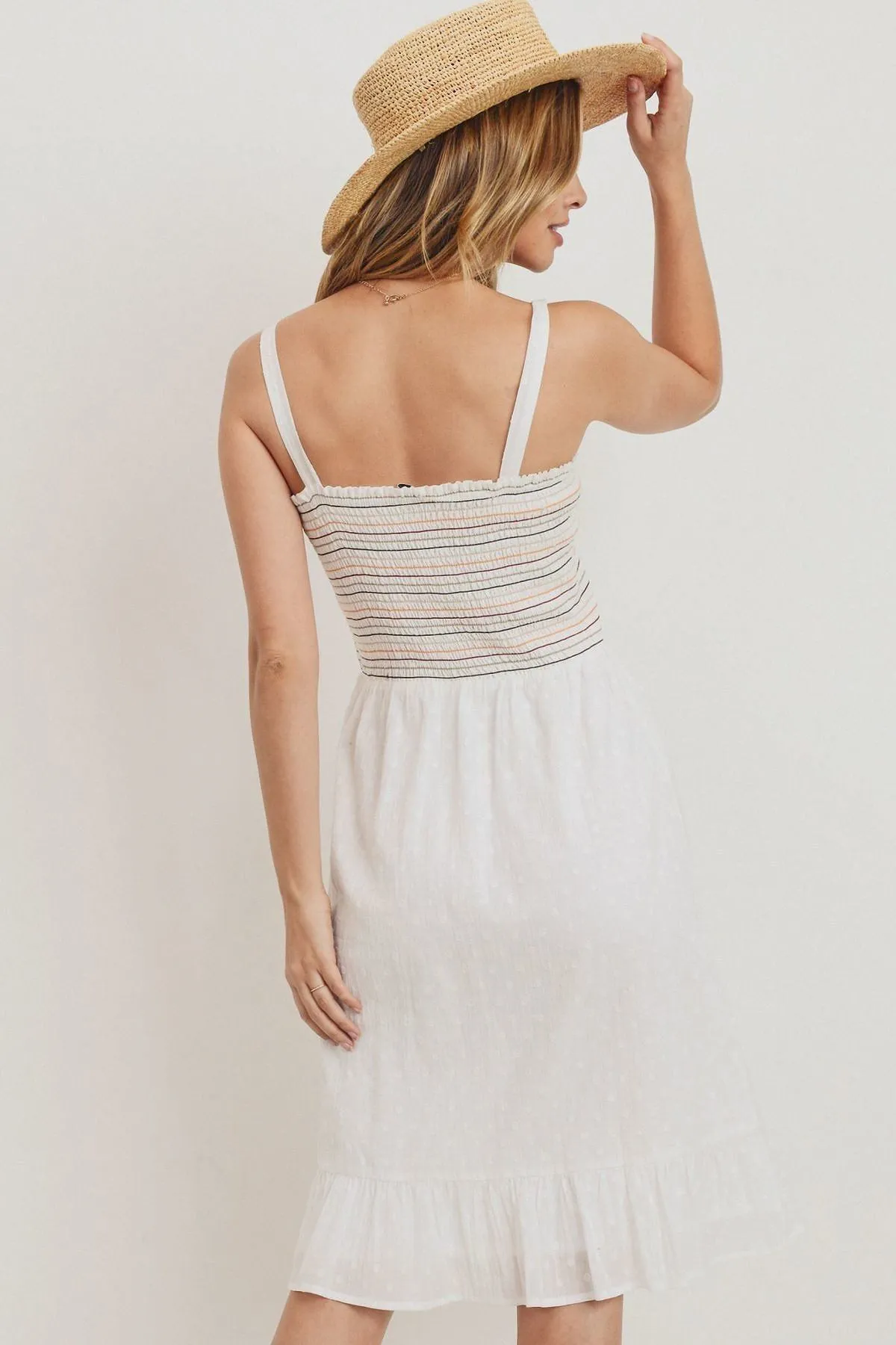 Striped Smocking Ruffled Hem Spaghetti Strap Dress