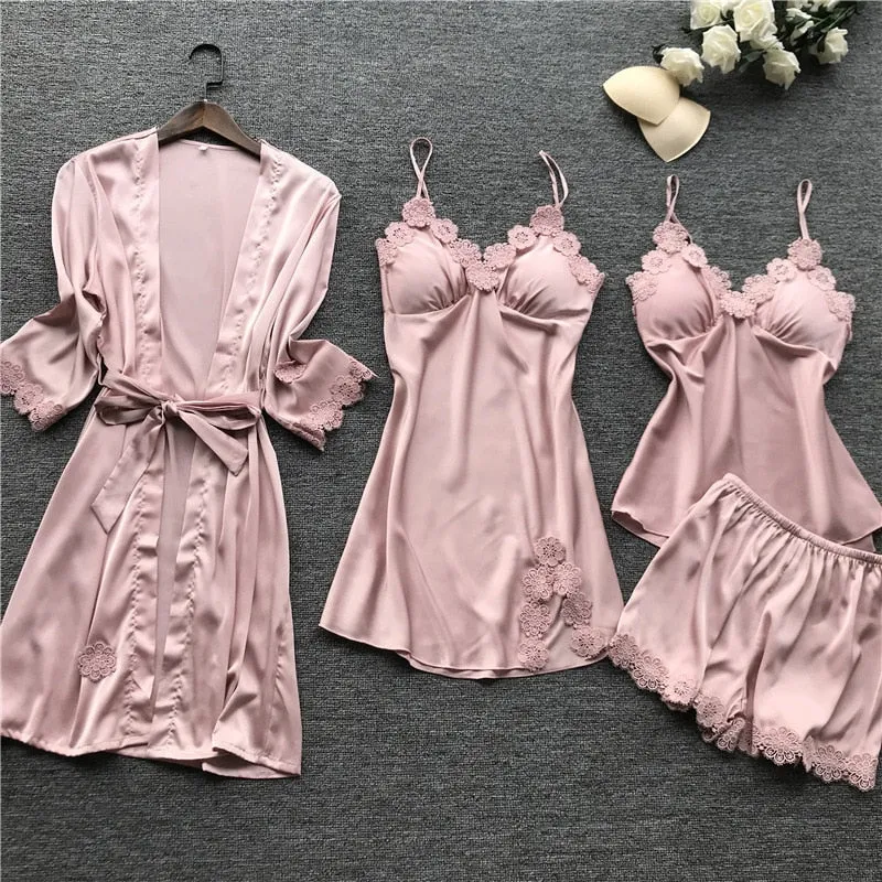 Summer New 4 Pcs Set Women Pyjama Satin High Quality Lace Sleepwear
