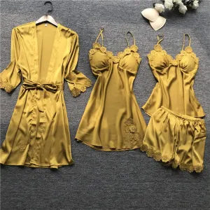 Summer New 4 Pcs Set Women Pyjama Satin High Quality Lace Sleepwear