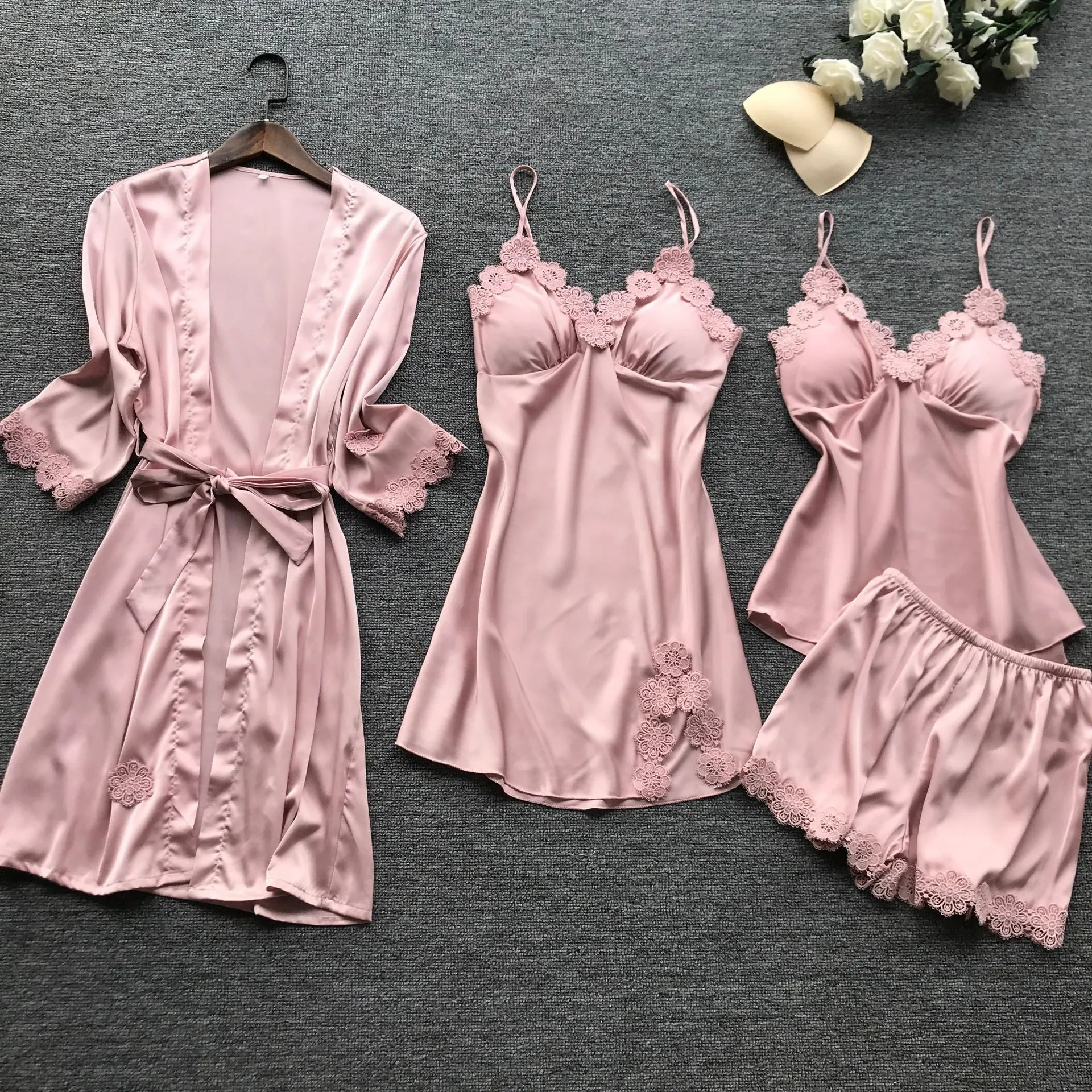 Summer New 4 Pcs Set Women Pyjama Satin High Quality Lace Sleepwear