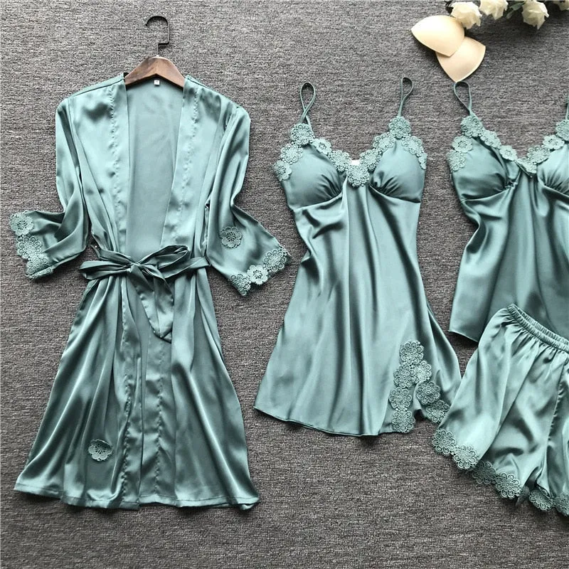 Summer New 4 Pcs Set Women Pyjama Satin High Quality Lace Sleepwear