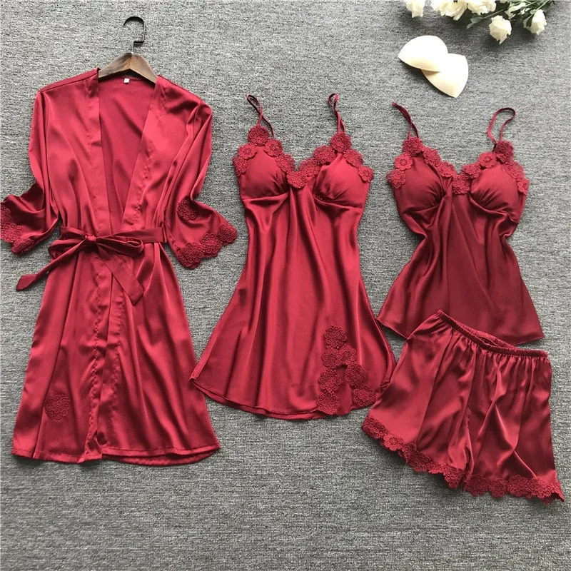 Summer New 4 Pcs Set Women Pyjama Satin High Quality Lace Sleepwear