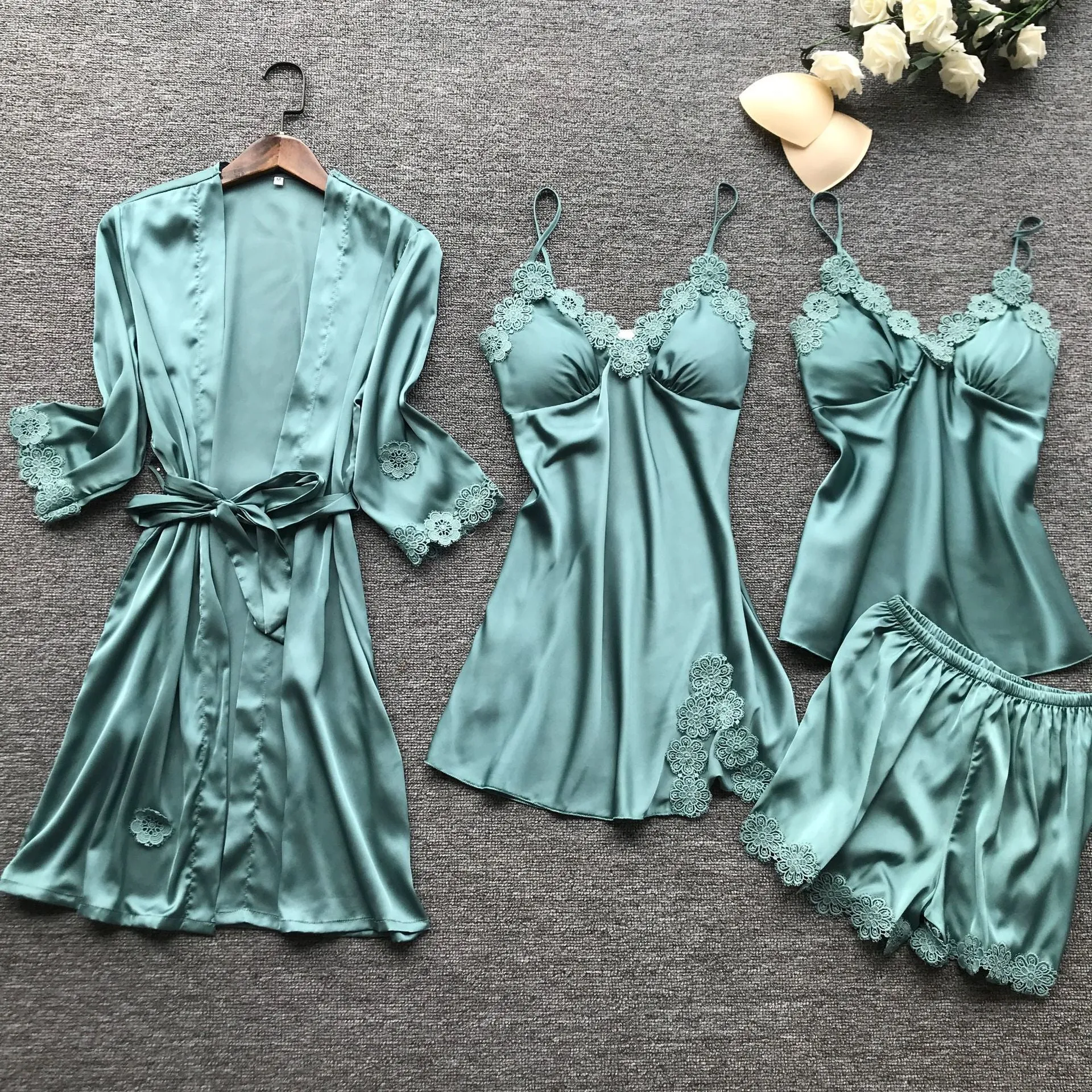 Summer New 4 Pcs Set Women Pyjama Satin High Quality Lace Sleepwear