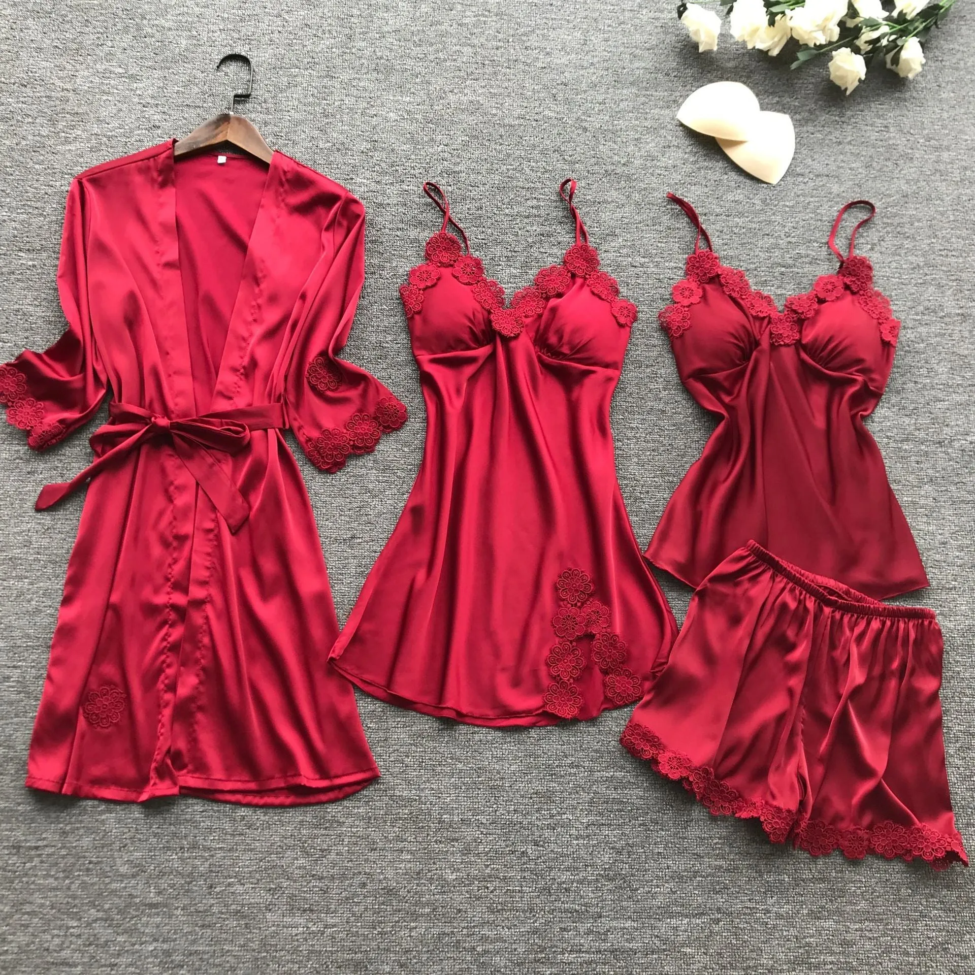 Summer New 4 Pcs Set Women Pyjama Satin High Quality Lace Sleepwear