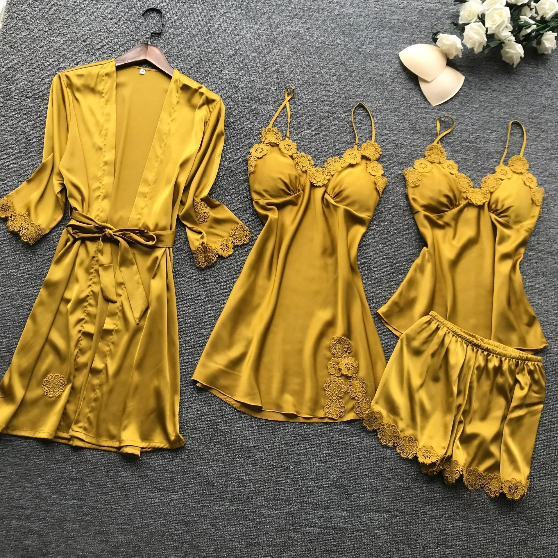 Summer New 4 Pcs Set Women Pyjama Satin High Quality Lace Sleepwear