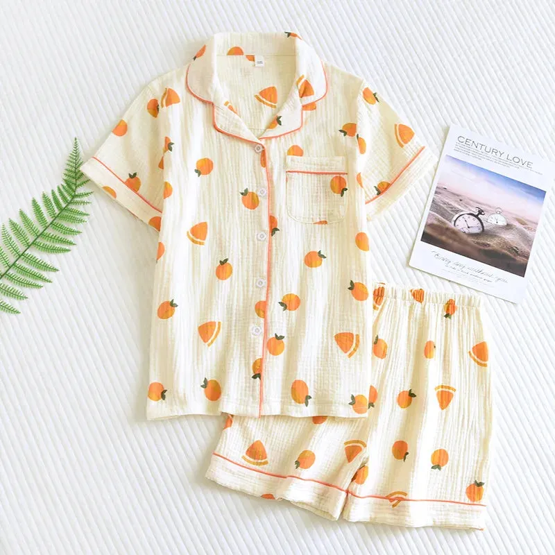 Summer women's cotton crepe three-piece short sleeve   shorts   trousers large size simple flower pajamas