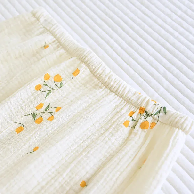 Summer women's cotton crepe three-piece short sleeve   shorts   trousers large size simple flower pajamas