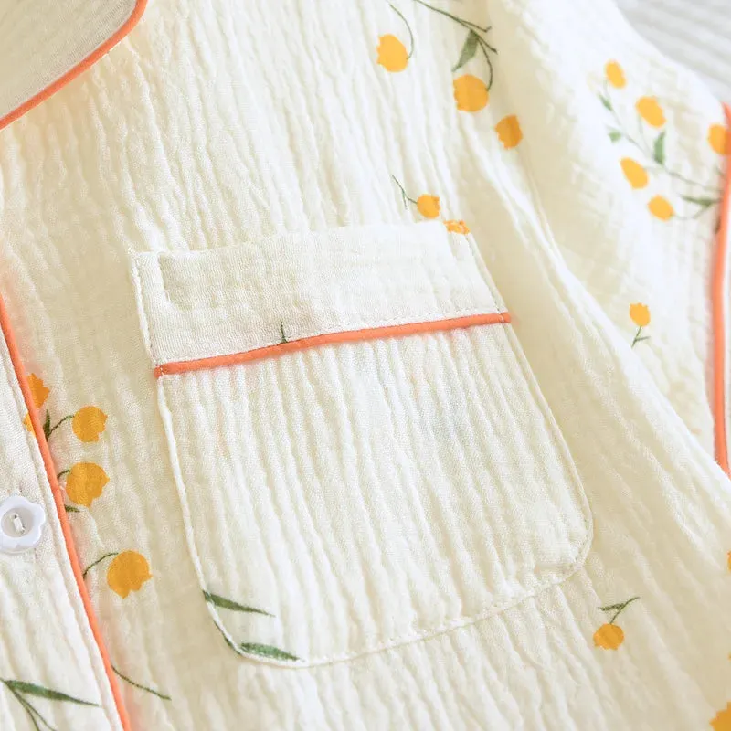 Summer women's cotton crepe three-piece short sleeve   shorts   trousers large size simple flower pajamas