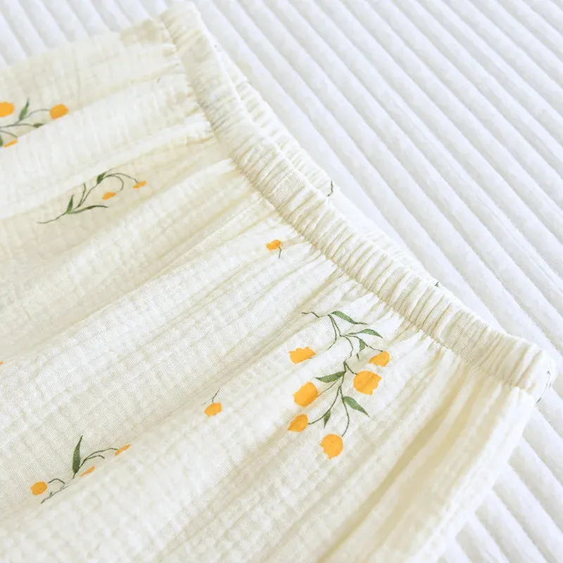 Summer women's cotton crepe three-piece short sleeve   shorts   trousers large size simple flower pajamas