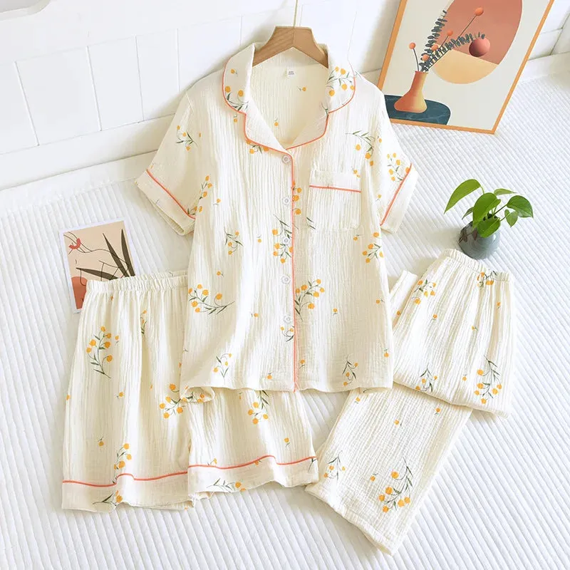 Summer women's cotton crepe three-piece short sleeve   shorts   trousers large size simple flower pajamas
