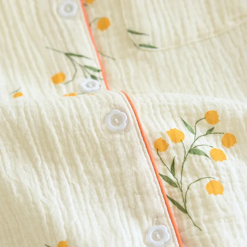 Summer women's cotton crepe three-piece short sleeve   shorts   trousers large size simple flower pajamas