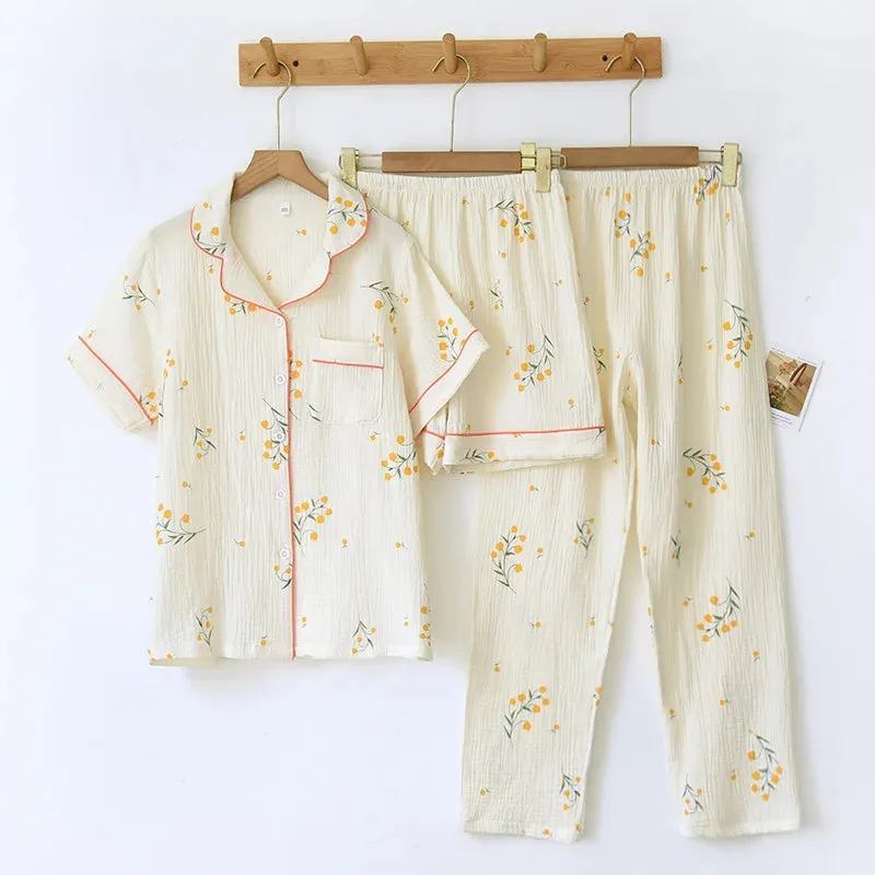 Summer women's cotton crepe three-piece short sleeve   shorts   trousers large size simple flower pajamas