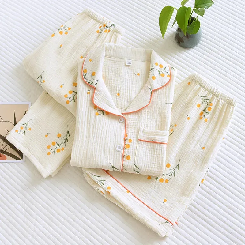 Summer women's cotton crepe three-piece short sleeve   shorts   trousers large size simple flower pajamas
