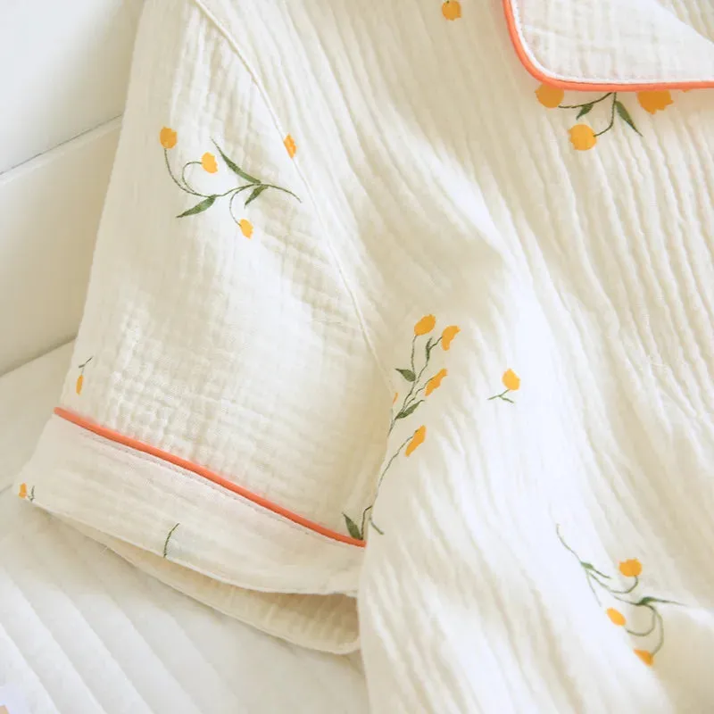 Summer women's cotton crepe three-piece short sleeve   shorts   trousers large size simple flower pajamas