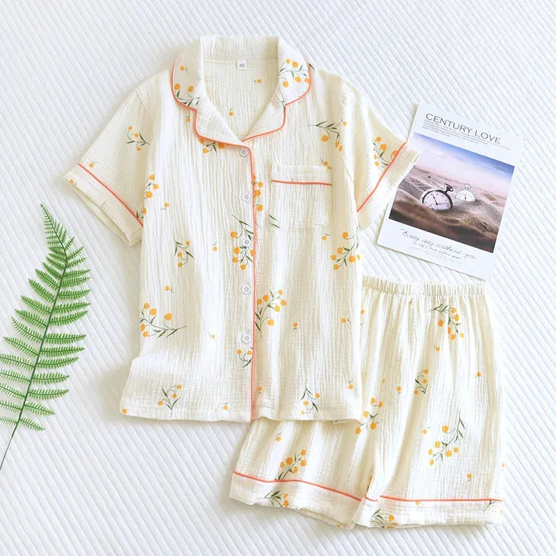 Summer women's cotton crepe three-piece short sleeve   shorts   trousers large size simple flower pajamas