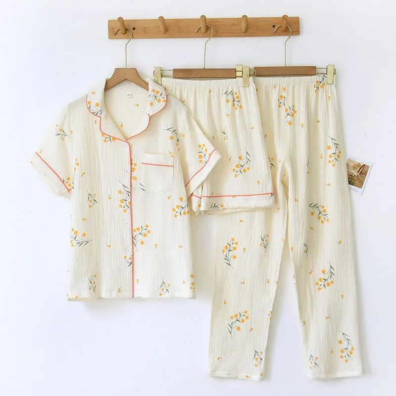 Summer women's cotton crepe three-piece short sleeve   shorts   trousers large size simple flower pajamas