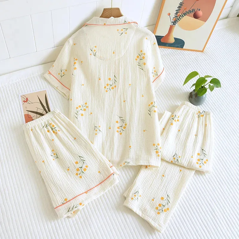 Summer women's cotton crepe three-piece short sleeve   shorts   trousers large size simple flower pajamas