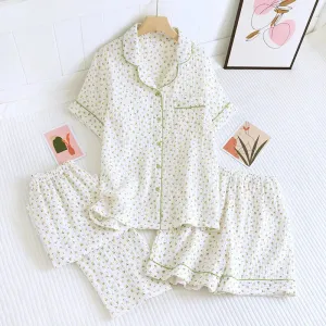 Summer women's cotton crepe three-piece short sleeve   shorts   trousers large size simple flower pajamas