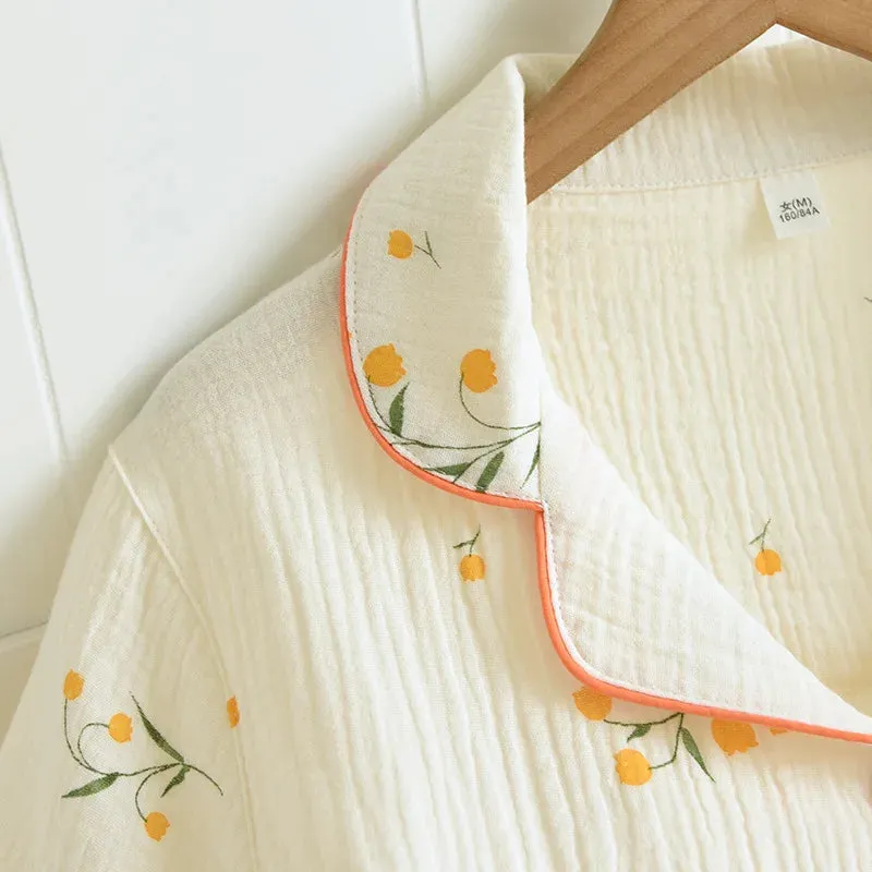 Summer women's cotton crepe three-piece short sleeve   shorts   trousers large size simple flower pajamas