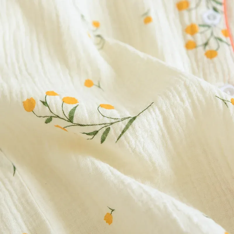 Summer women's cotton crepe three-piece short sleeve   shorts   trousers large size simple flower pajamas