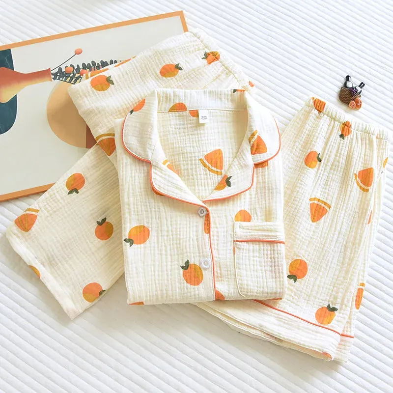 Summer women's cotton crepe three-piece short sleeve   shorts   trousers large size simple flower pajamas