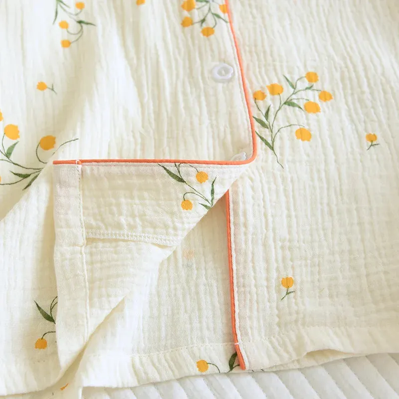Summer women's cotton crepe three-piece short sleeve   shorts   trousers large size simple flower pajamas