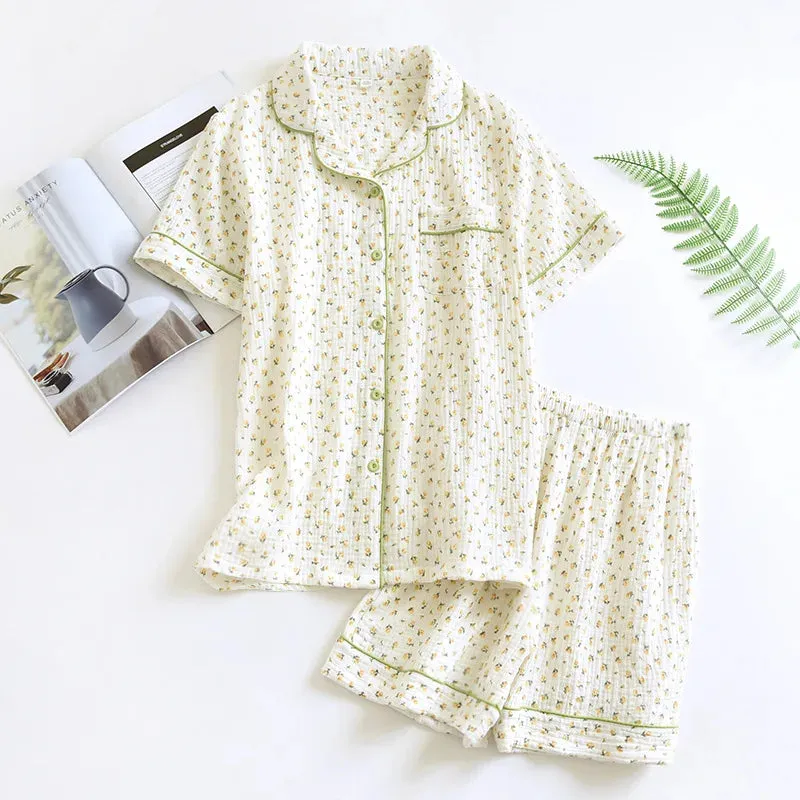 Summer women's cotton crepe three-piece short sleeve   shorts   trousers large size simple flower pajamas