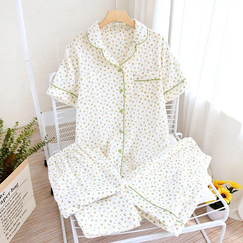 Summer women's cotton crepe three-piece short sleeve   shorts   trousers large size simple flower pajamas