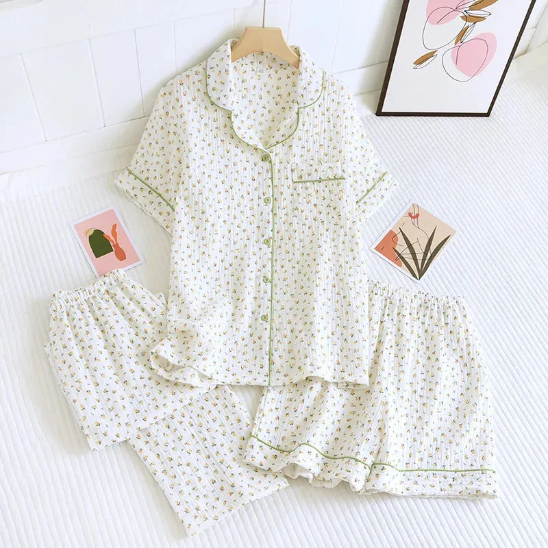 Summer women's cotton crepe three-piece short sleeve   shorts   trousers large size simple flower pajamas