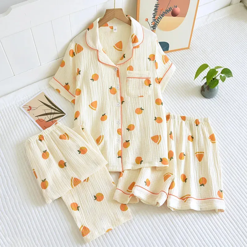Summer women's cotton crepe three-piece short sleeve   shorts   trousers large size simple flower pajamas