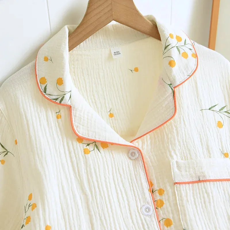 Summer women's cotton crepe three-piece short sleeve   shorts   trousers large size simple flower pajamas
