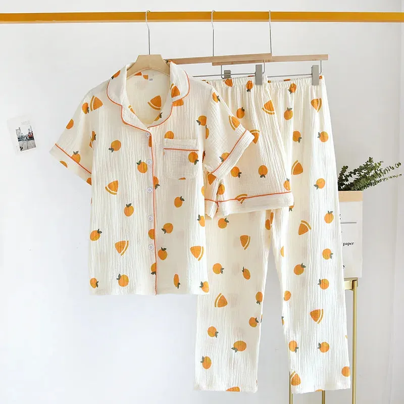 Summer women's cotton crepe three-piece short sleeve   shorts   trousers large size simple flower pajamas