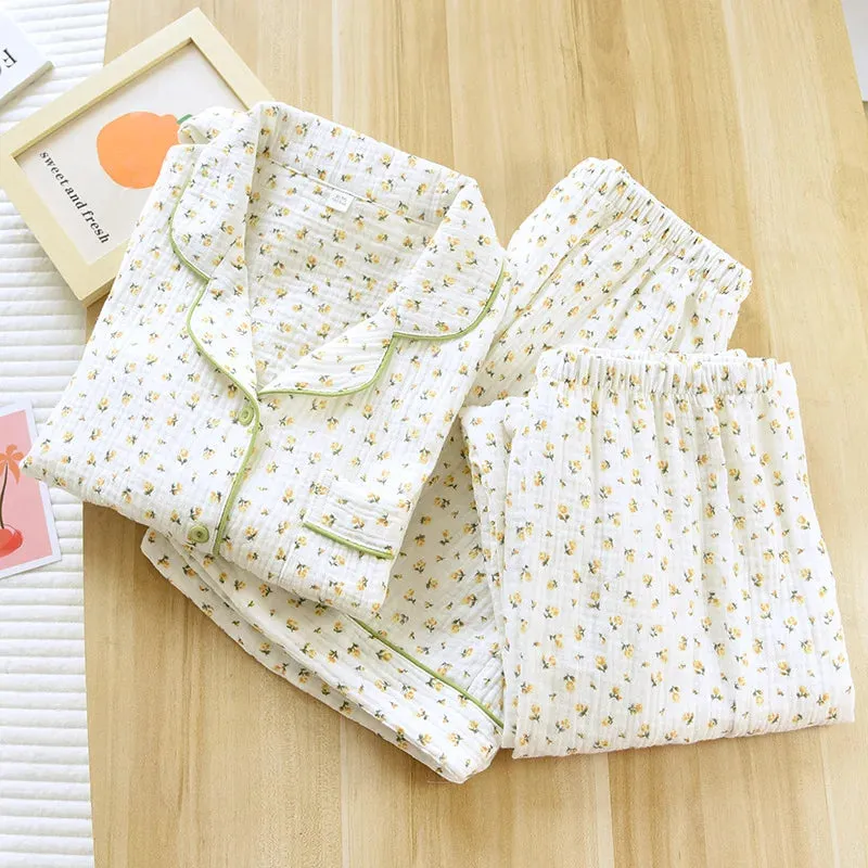 Summer women's cotton crepe three-piece short sleeve   shorts   trousers large size simple flower pajamas