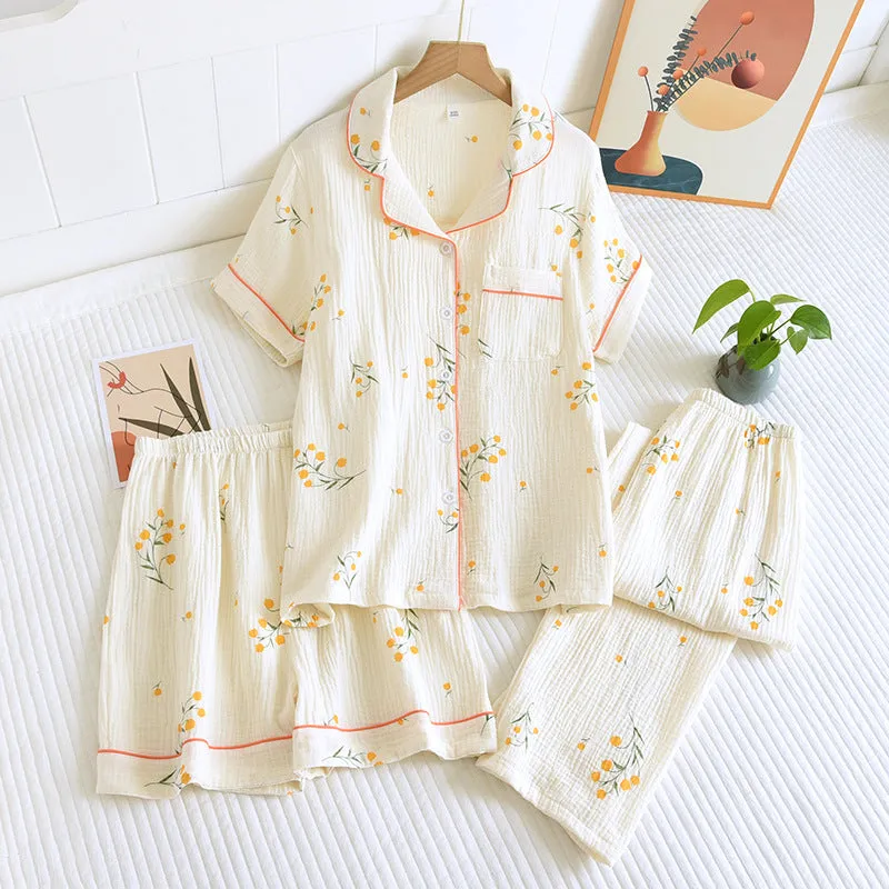 Summer women's cotton crepe three-piece short sleeve   shorts   trousers large size simple flower pajamas