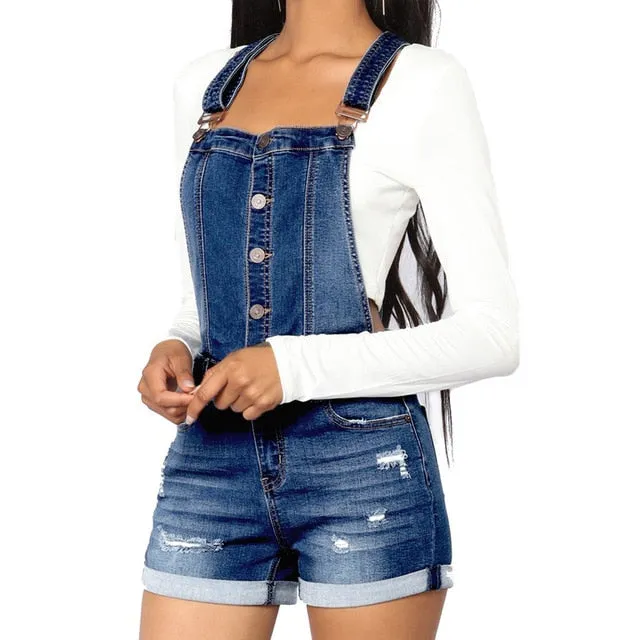 Summer Women's Denim Playsuits Fashion Casual Button Pocket Jumpsuit Solid Color High Waist Tight Bodysuit Streetwear #Y1