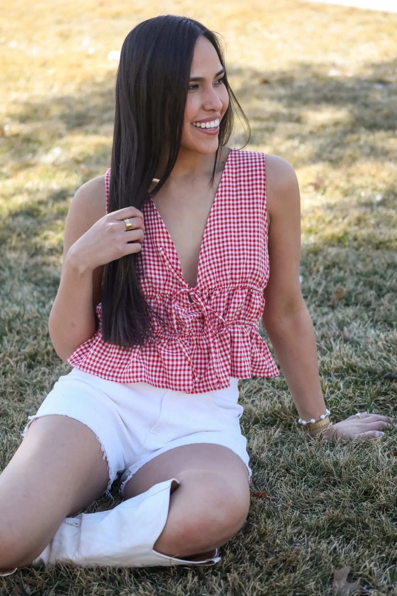 SWEET ESCAPE GINGHAM PEPLUM TOP