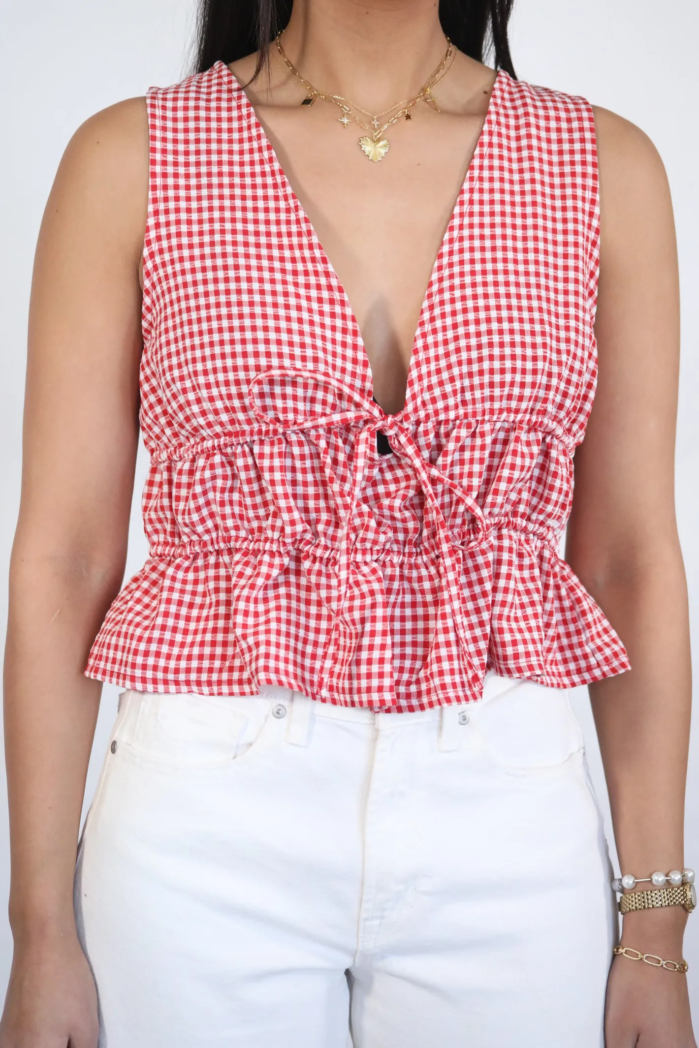 SWEET ESCAPE GINGHAM PEPLUM TOP