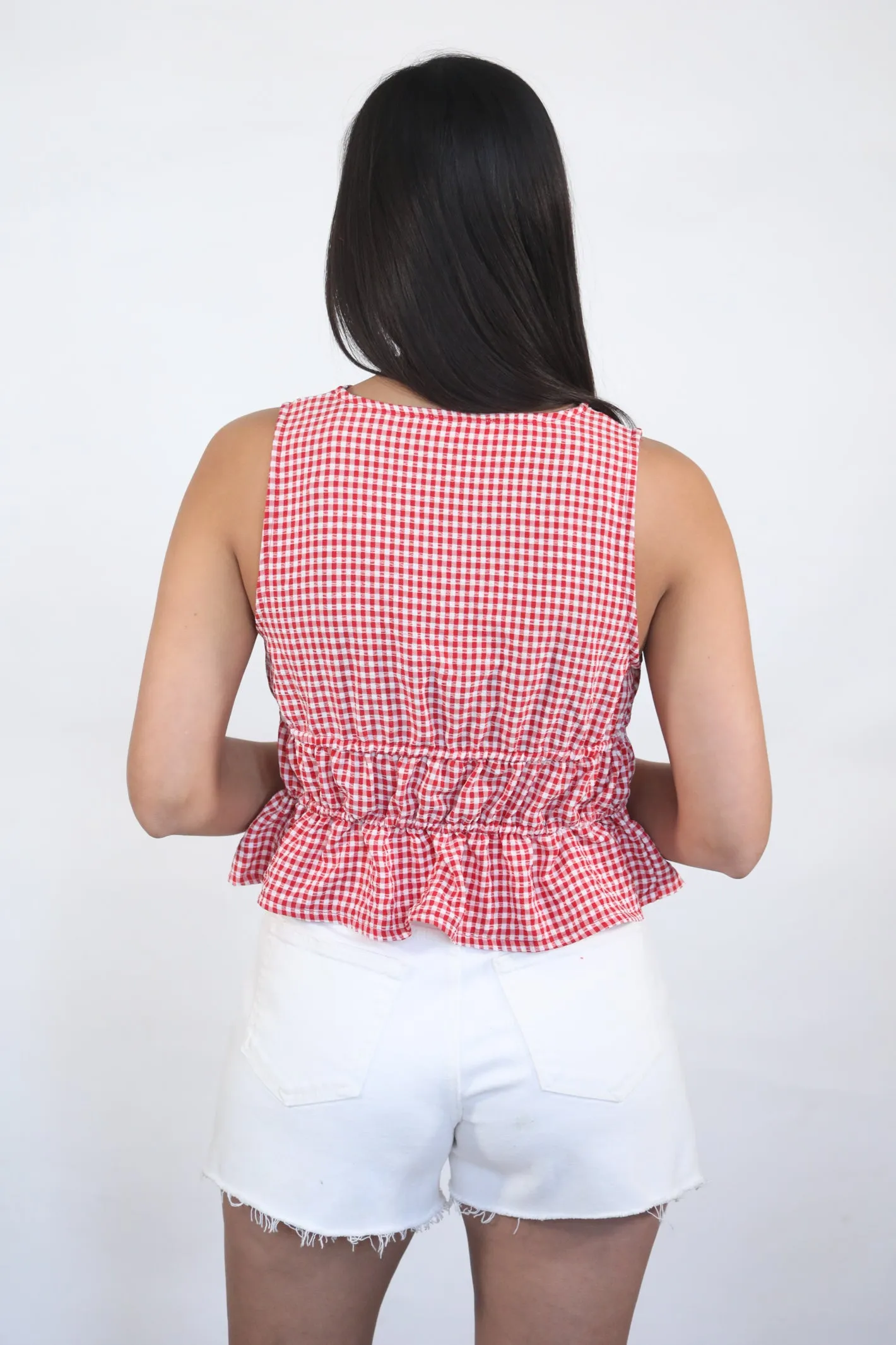 SWEET ESCAPE GINGHAM PEPLUM TOP
