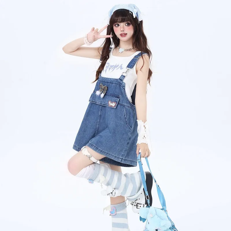 Sweet Hong Kong Girl Style Blue Denim Overalls