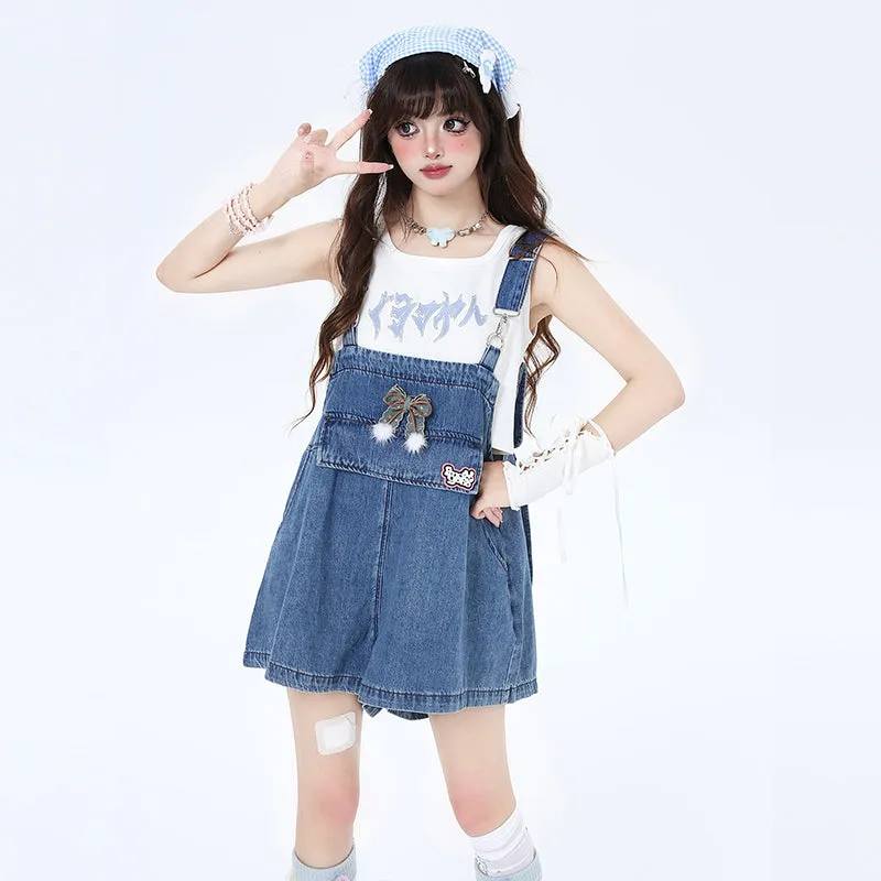 Sweet Hong Kong Girl Style Blue Denim Overalls