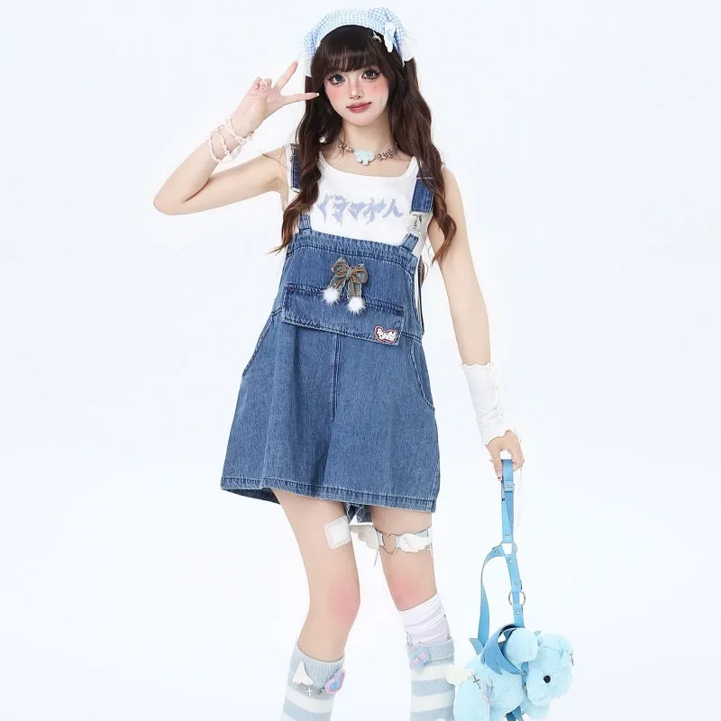 Sweet Hong Kong Girl Style Blue Denim Overalls