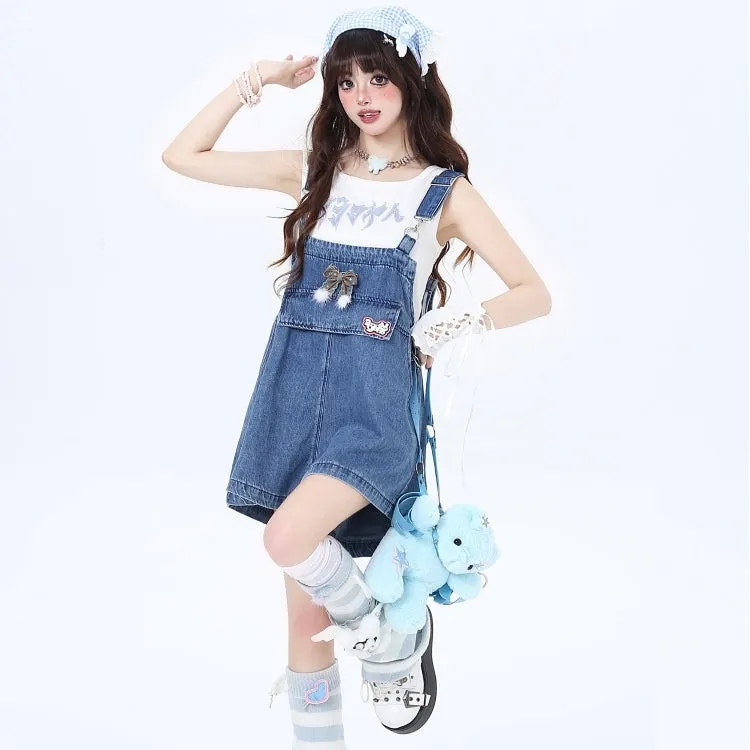 Sweet Hong Kong Girl Style Blue Denim Overalls