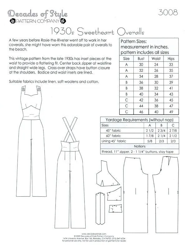 Sweetheart Overalls 1930's  Decades of Style Vintage Style Sewing Pattern