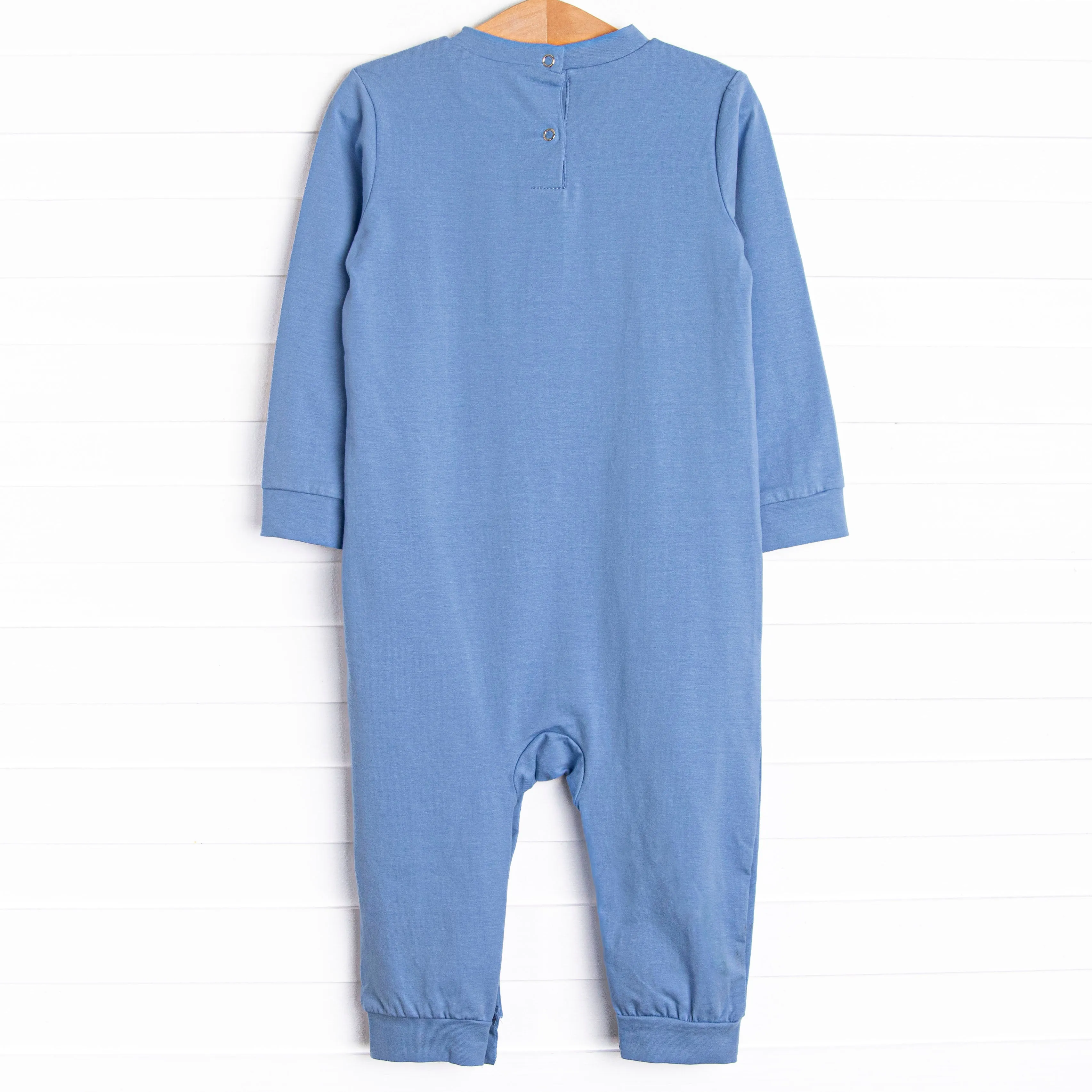 T-Rex Terror Applique Romper, Blue