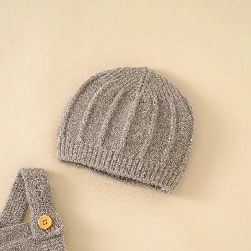 Taupe Knit Overalls   Beanie