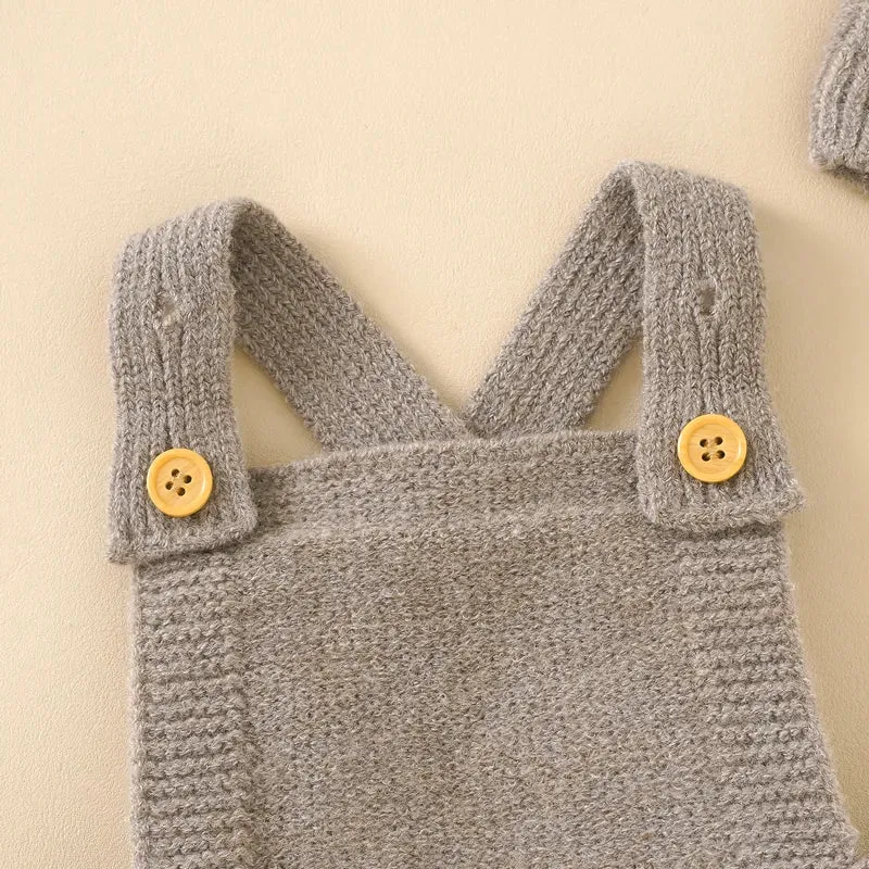Taupe Knit Overalls   Beanie