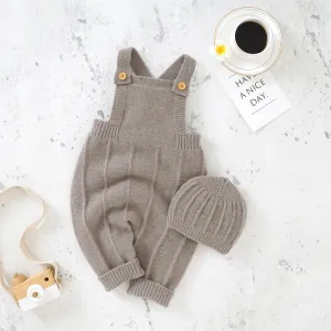 Taupe Knit Overalls   Beanie