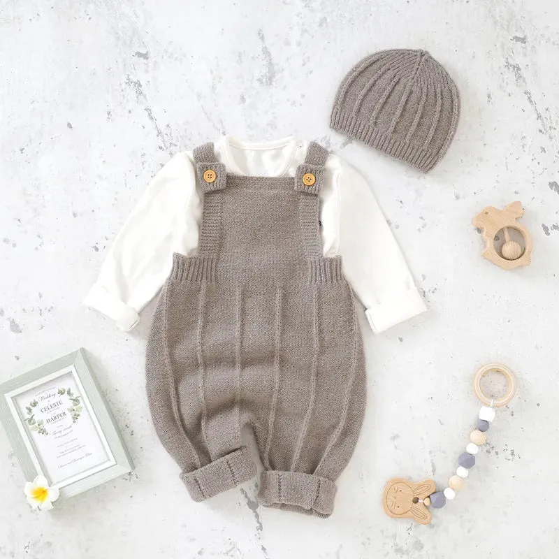 Taupe Knit Overalls   Beanie